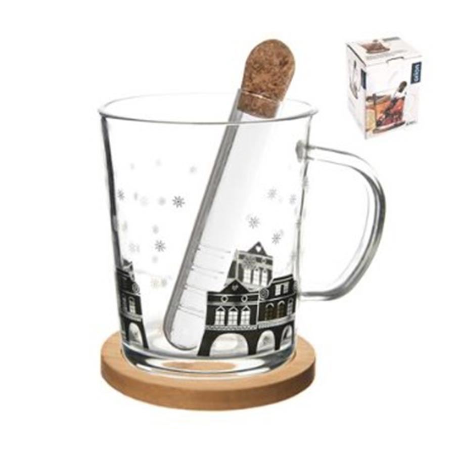 Hrnček sklo/bambus podšálka+infúzer DOMKY 0,42 l O0270