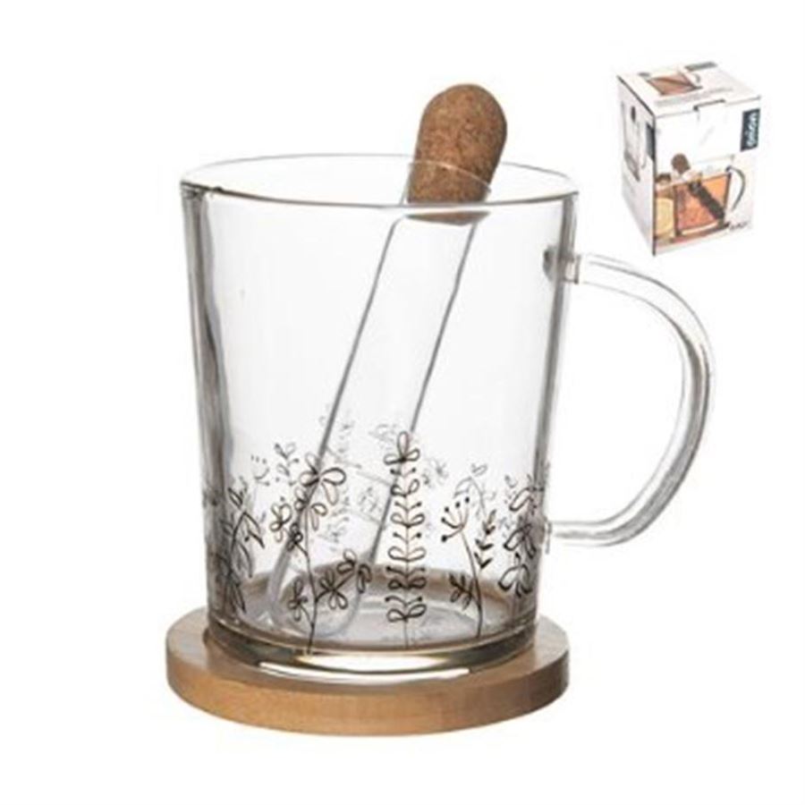 Hrnček sklo/bambus podšálka+infuzér LÚKA 0,42 ll O0271