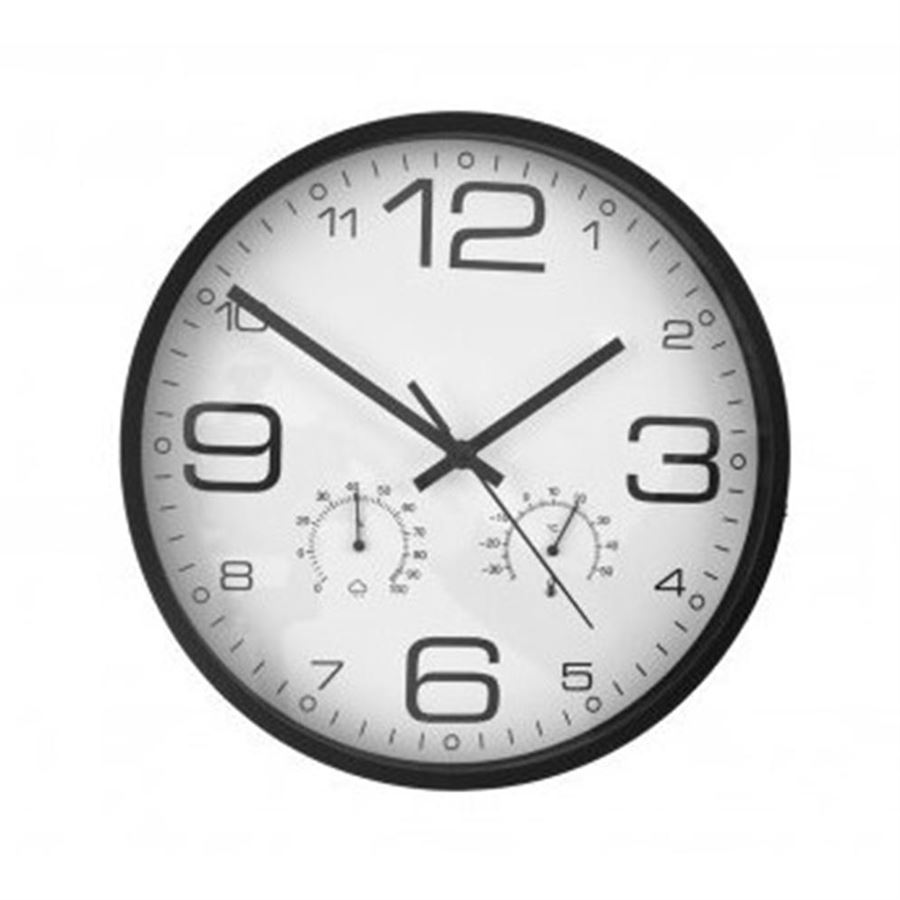 Hodiny nástenné kov tepl./vlhk. čierne pr. 33 cm