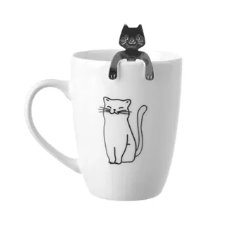 Porcelánový hrnček + lyžička mačka O0577