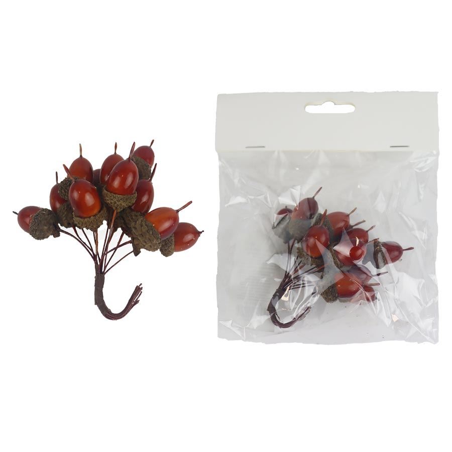 Dekorácia žaluď na drôtiku, 12 ks X7611-18